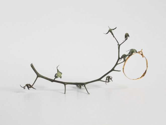 The Artistic Gymnastics - The Exercises with the Hoop, tomato plant twigs, gold ribbon, 9x16x4 cm, 2016
