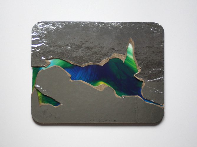 no title/lake II cardboard from salmon packaging, plastic, acrylic, 17 x 21 cm, 2015